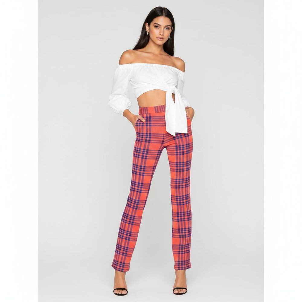 Cynthia Rowley Lincoln Orange Blue Knit Plaid Pants Womens Size 6